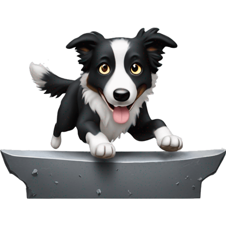 Anvil with border collie jumping over emoji