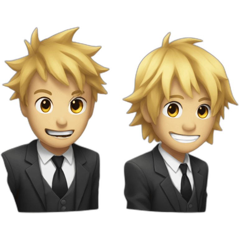 Denji with his blond hair in a shaggy style, brown eyes, with his shark teeth, is smiling evil and with a shirt with a black tie and without a suit from chainsawman emoji