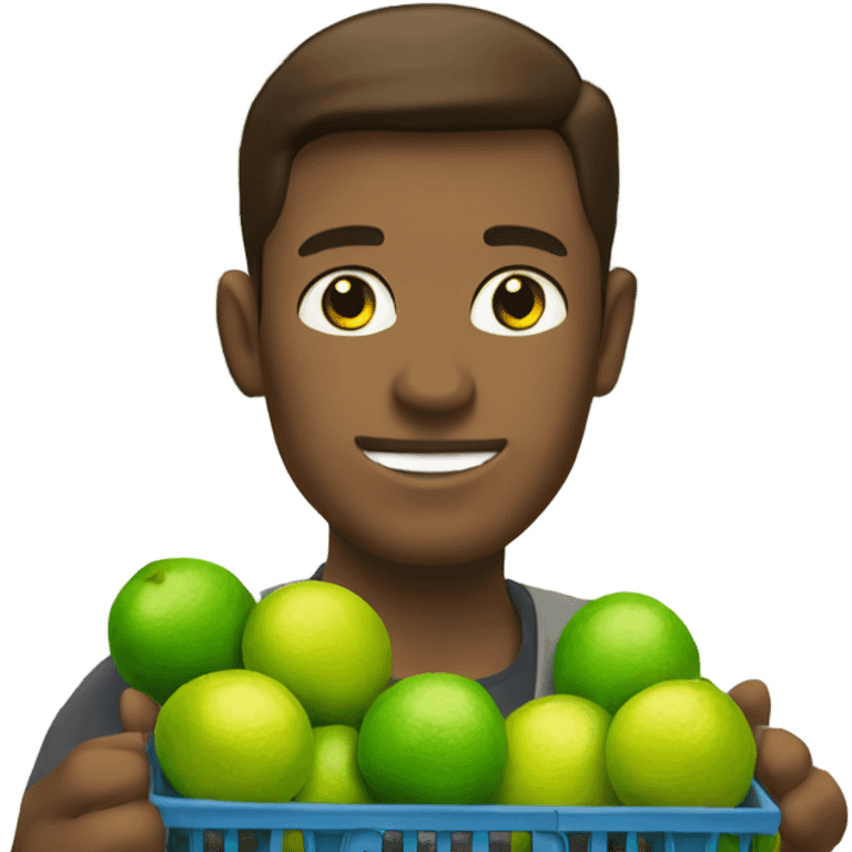 A white man with brown hair and tall carrying many limes in his hands in a supermarket. Make it so the limes are nearly overflowing the basket. emoji