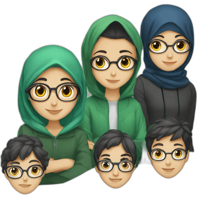 Algerian student club of 7 members with 2 boys and 1 boys with glasses  and 2 hijab girl and 2 normal girl emoji