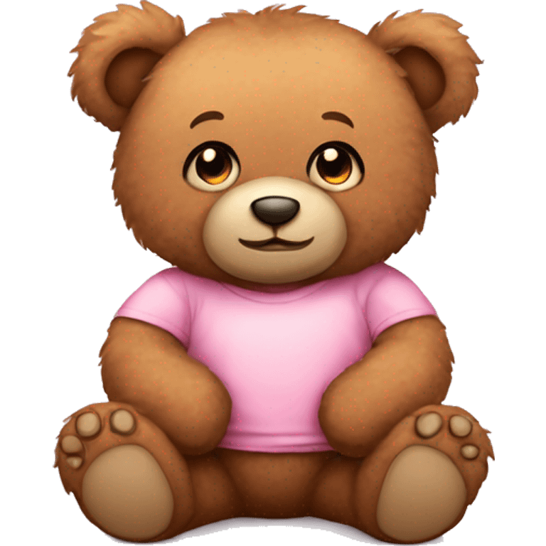 Cute fluffy Brown Teddy bear wearing pastel pink tshirt sitting emoji