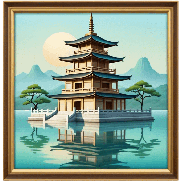 Cinematic Realistic Tran Quoc Pagoda Landmark Emoji, depicted with an ancient pagoda set on tranquil waters rendered with delicate textures and serene, reflective lighting. emoji