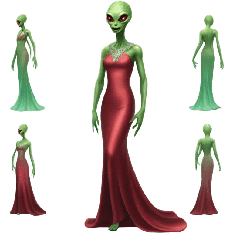 reptilian green alien woman, in long slim pastel red formal party satin dress with gradient shiny sparkling dark red, full figure, full body emoji