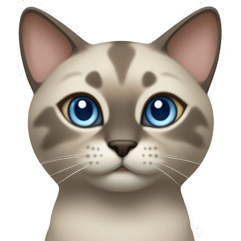 Thai breed cat with a light cream -brown body, dark gray-brown face, ears, and paws. Short fur, sharp ears, striking light blue eyes  emoji