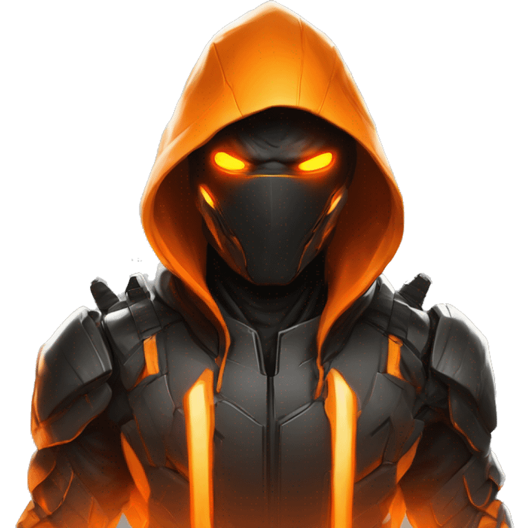  developer behind his laptop with this style : crysis Cyberpunk Valorant orange glowing bright orange character orange black hooded assassin themed character emoji