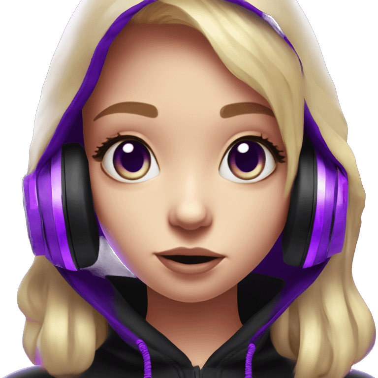 Russian cute blond girl wearing black hoody with violet letters "OMG", in vr headset. Cyberpunk style. Violet neon. emoji