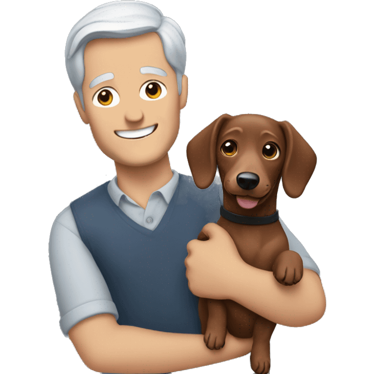  White man with grey hair smiling and holding a dachshund in his arms emoji