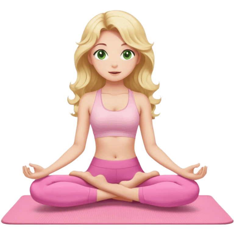 blonde long curled hair and green eyes yoga beautiful girl in light pink pink pink clothes sitting on a yoga mat emoji