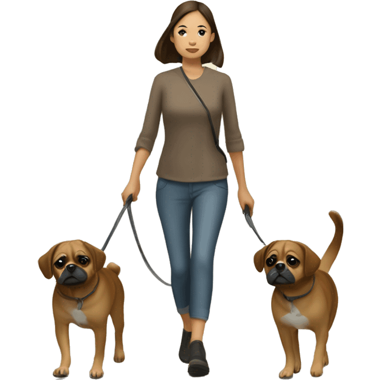 Mid 30s filipina walking two brown pugaliers on leash emoji