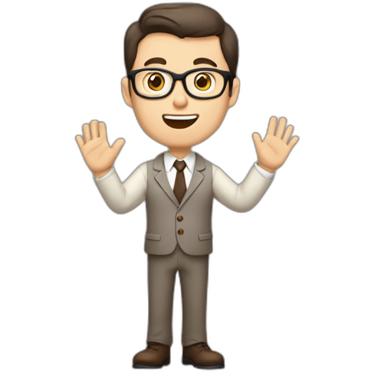 To belt Actively gesturing with hands Okay Pale skinned fit man with dark brown hair in gray jacket, beige office shirt, brown tie, brown pants and vintage glasses. emoji