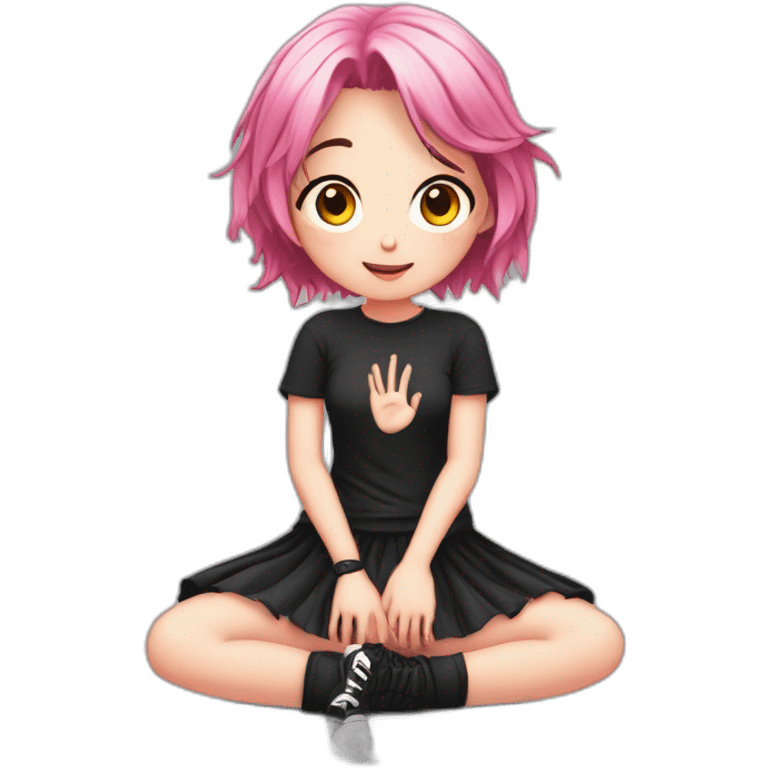 Full body Front view curvy emo girl pink hair sits on the floor straight view hands up black skirt полосатые рваные чулки emoji