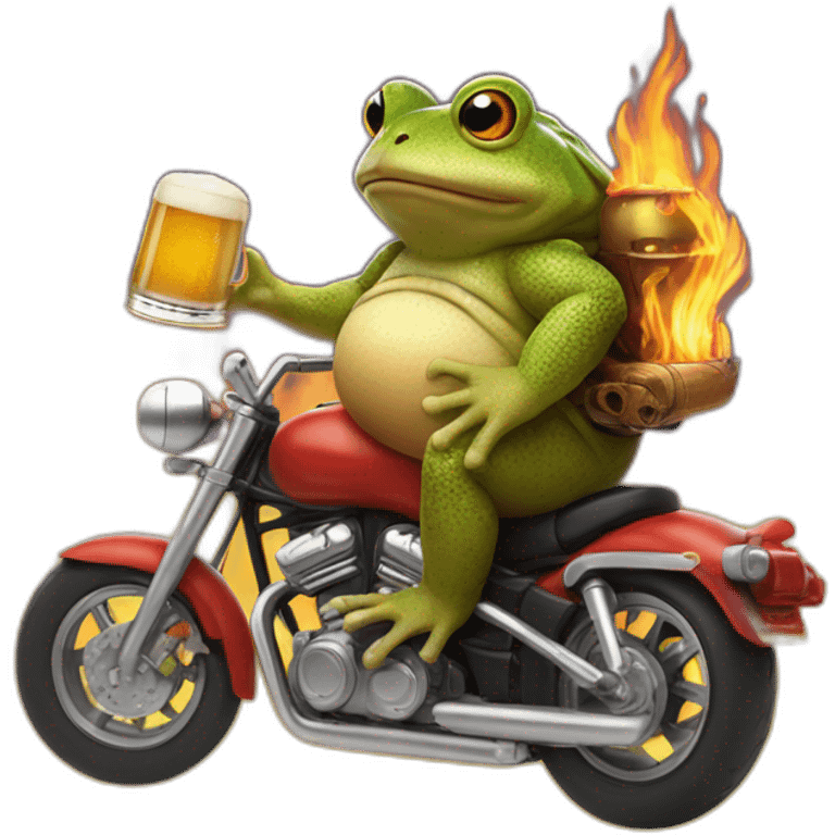 Toad in a motorbike with a beer in one and and fire souround emoji