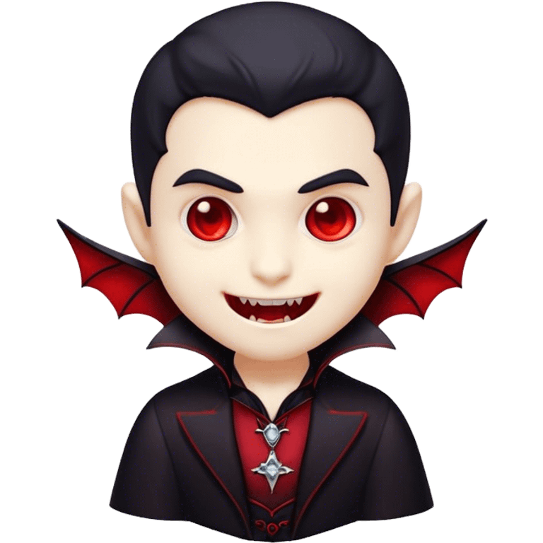 Cinematic Cute Vampire Portrait Emoji, with a refined yet playful small, rounded pale face accented by tiny, cute fangs and bright, twinkling eyes, sporting miniature elegant dark attire with a hint of crimson, simplified yet irresistibly charming, highly detailed with a soft glowing outline that captures the delightful duality of spooky sweetness and stylish allure! emoji