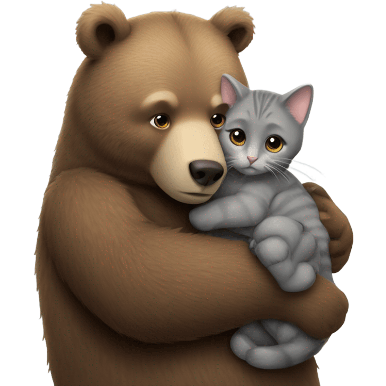 brown bear cub hugs gray cat emoji