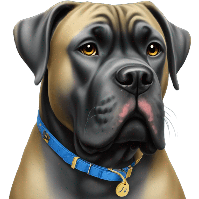  A Cane Corso with a monogrammed J. J. C. on his blue and gold dog collar. emoji