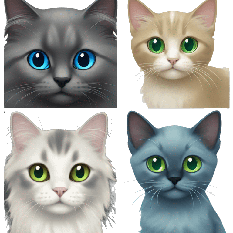 dark grey kitten with green eyes, with a blue mitted ragdoll with blue eyes, and a long haired golden scottish straight with green eyes emoji