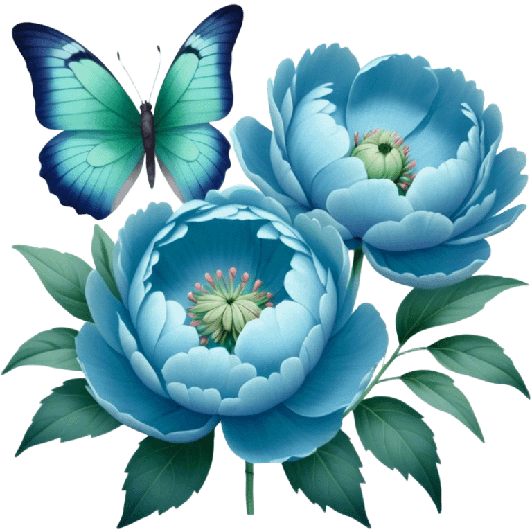 A soft pastel-toned painting of blue peonies and a green butterfly, inspired by vintage floral art. emoji