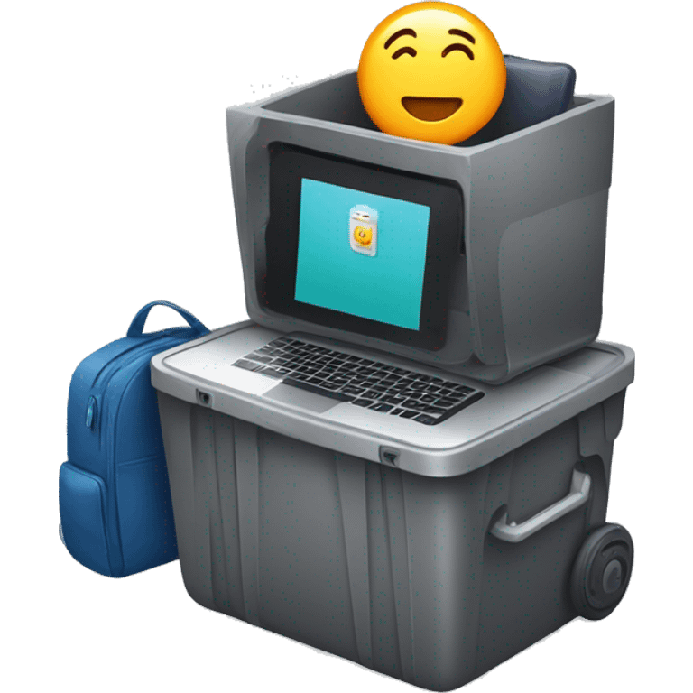 laptop, backpack, and phone in an airport security bin emoji