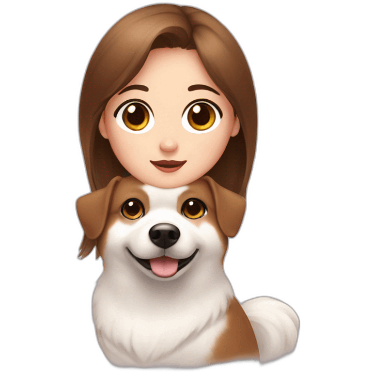 A girl with brown hair and brown eyes with a white pomerania with a black spot in the eye  emoji