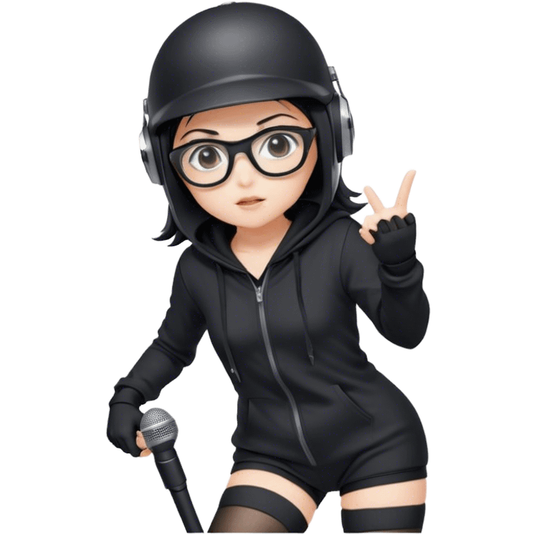 Anime girl in a black hoodie, wearing a helmet, black glasses, microphone, and thigh-high stockings, with high-tech controls emoji