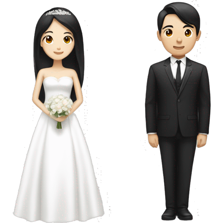 Please draw an east-asian woman with black long hair in white wedding dress on the left side and a east-asian man with black short hair in black wedding suit. emoji