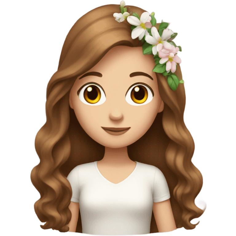 White girl with long brown hair and flowers emoji