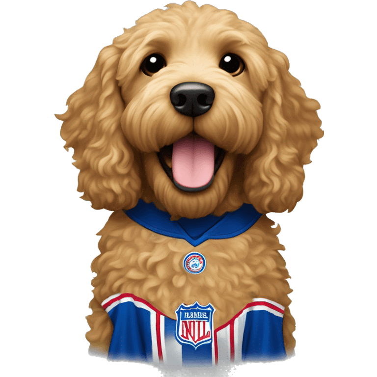 Golden Labradoodle wearing Rangers jersey emoji