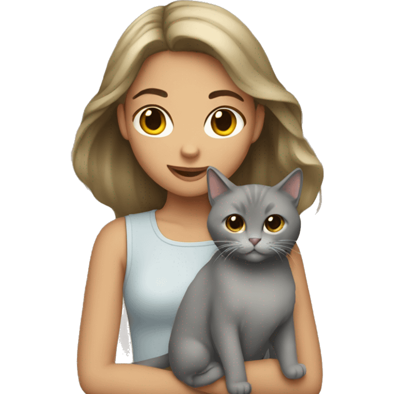 Girl with dark blonde hair holding furry grey cat emoji