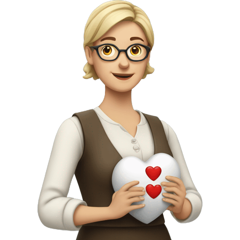 A European woman teacher holds her heart in her hands emoji