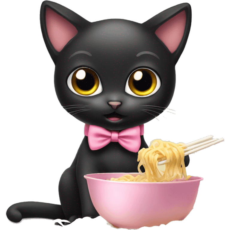 female cute black cat with big eyes and pink bow tie, eating noodles emoji