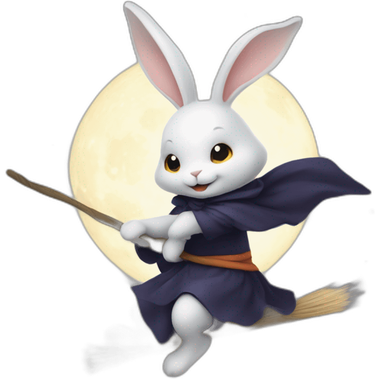 a small white rabbit riding a broomstick like a witch with the night sky and stars in the background emoji