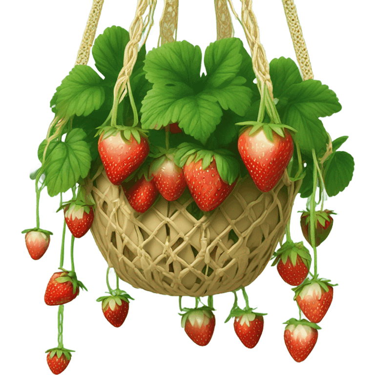 Hanging macrame gold planter with strawberries growing down  emoji