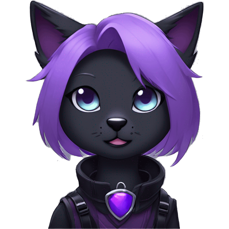 Gorgeous furry gothic dark techwear anime style anthro black cat furry sona Fakemon with blushing face aesthetic and pretty edgy black with violet collar and harness trending style emoji