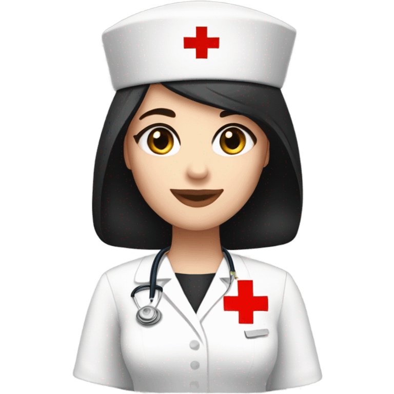 pixie cut black straight hair female nurse with red cross sign hat wearing dress
pale skin color
black eyes emoji