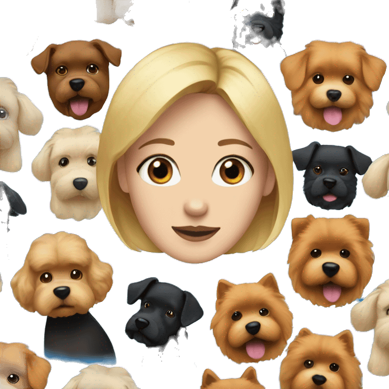 blonde woman with blue eyes and two dogs, a black poodle and orange chow chow emoji