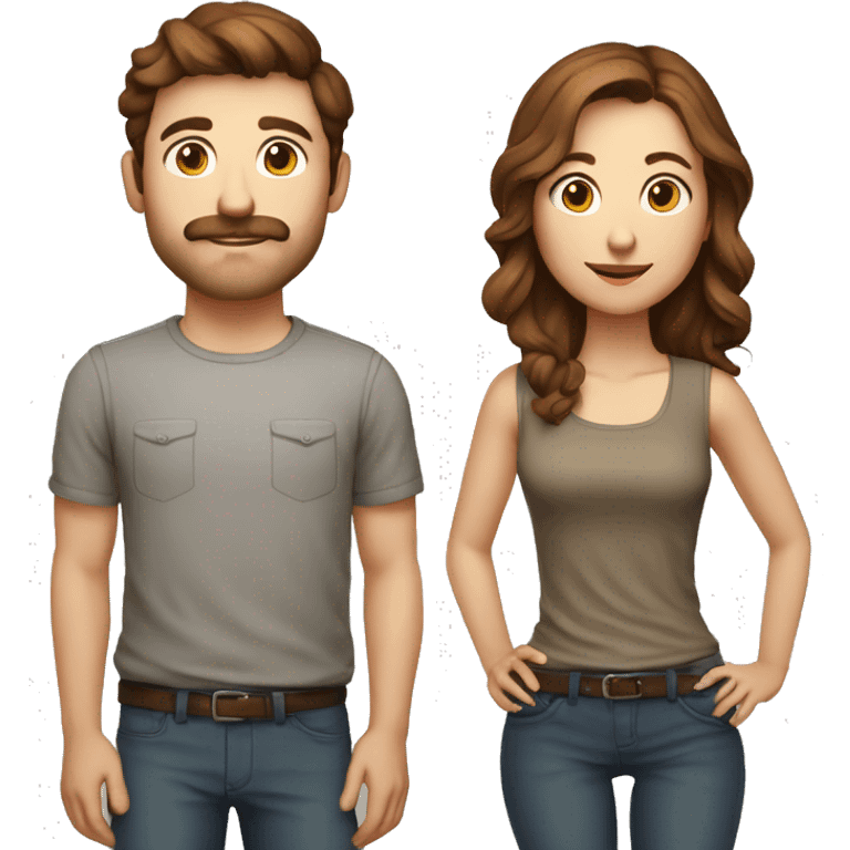 couple brown-haired man, 30 years old, cameraman, hipster, with small mustache, small belly, female, actress, with brown hair, thin emoji