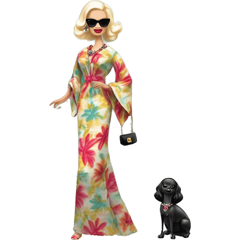 1960’s Palm Beach Breeze Barbie, teen Morticia Addams ,by the pool, white skin, full body visible, wavy hair,handbag, aloof,eyeshadow,earrings,open flowing floral caftan,small 2 piece, sunglasses on forehead,heels,walking Miss Thang emoji