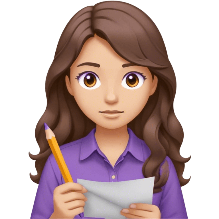 girl with long wavy brown hair in a purple shirt like the normal emoji and brown eyes taking a test and light tan / peach skin  emoji