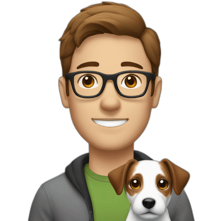 Man with brown hair with glasses with jack russell terrier dog emoji