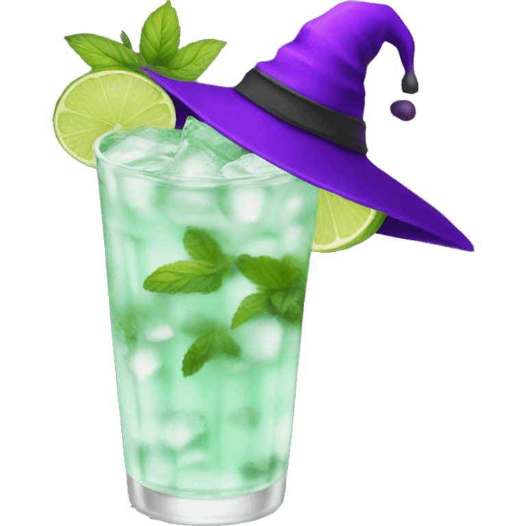 Mojito with purple witch hat, no straw, no leaves emoji