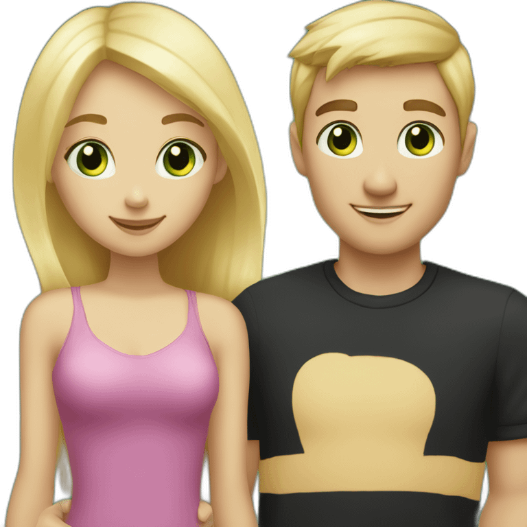 A couple of a girl with blonde hair and green eyes, and a man with black hair and black eyes, that are hugging emoji