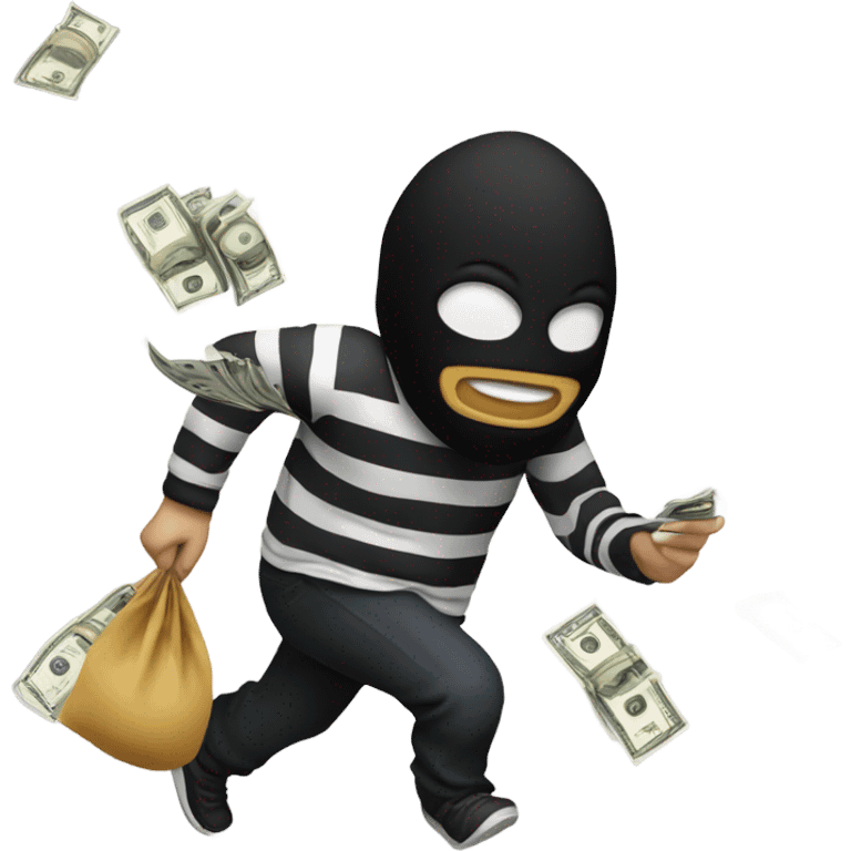 Robber running away with striped shirt and black mask, holding a money bag with some slips behind of cash emoji