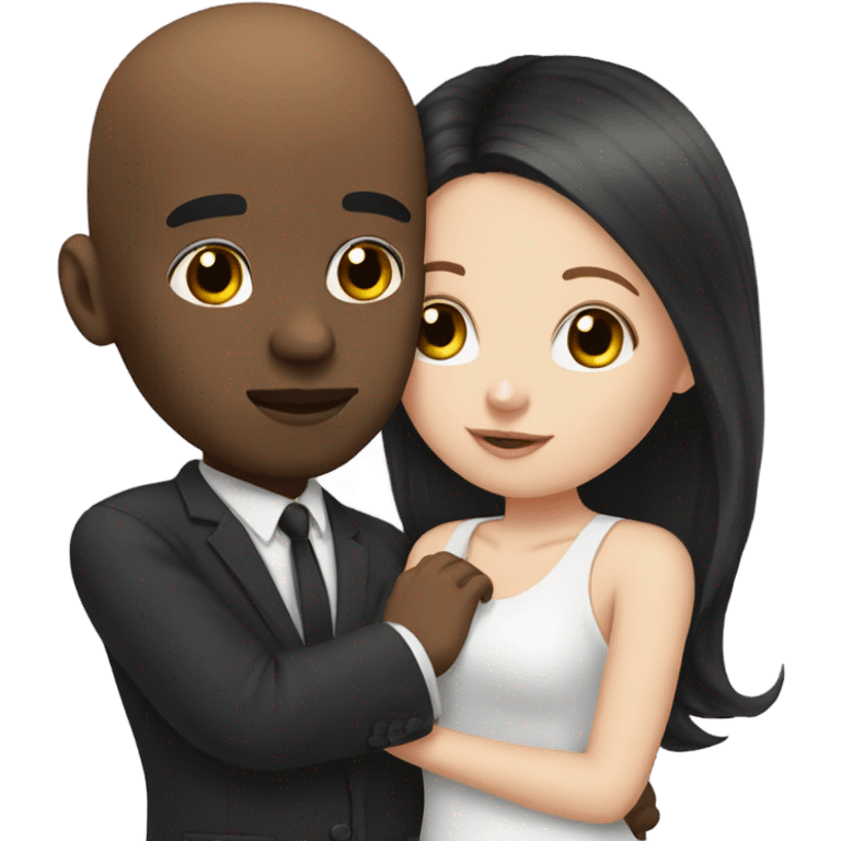 White girl dark hair kissing bald half black man emoji