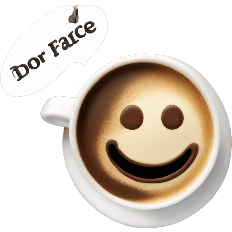 a cup of latte with chocolate dusting that writes the word DIOR no face emoji