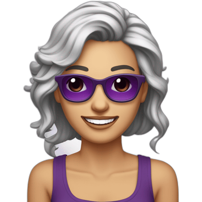 mujer-piel blanca-con gafas-sonriendo-camisa morada-pelo corto hasta el hombro-cabello color cafe,con un computador,muy detallada emoji