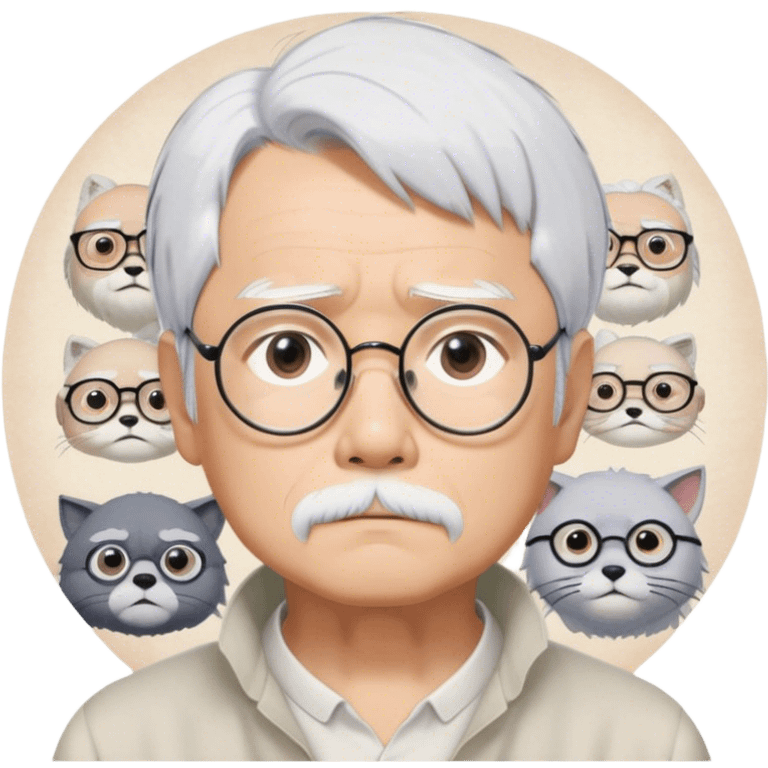 ​Cinematic Realistic Portrait of Hayao Miyazaki, depicted with striking white hair, defined black eyebrows, and large rectangular glasses, his thoughtful expression rendered in lifelike detail against a background of whimsical Studio Ghibli-inspired sketches, illuminated with soft, realistic lighting that emphasizes his creative genius, emoji