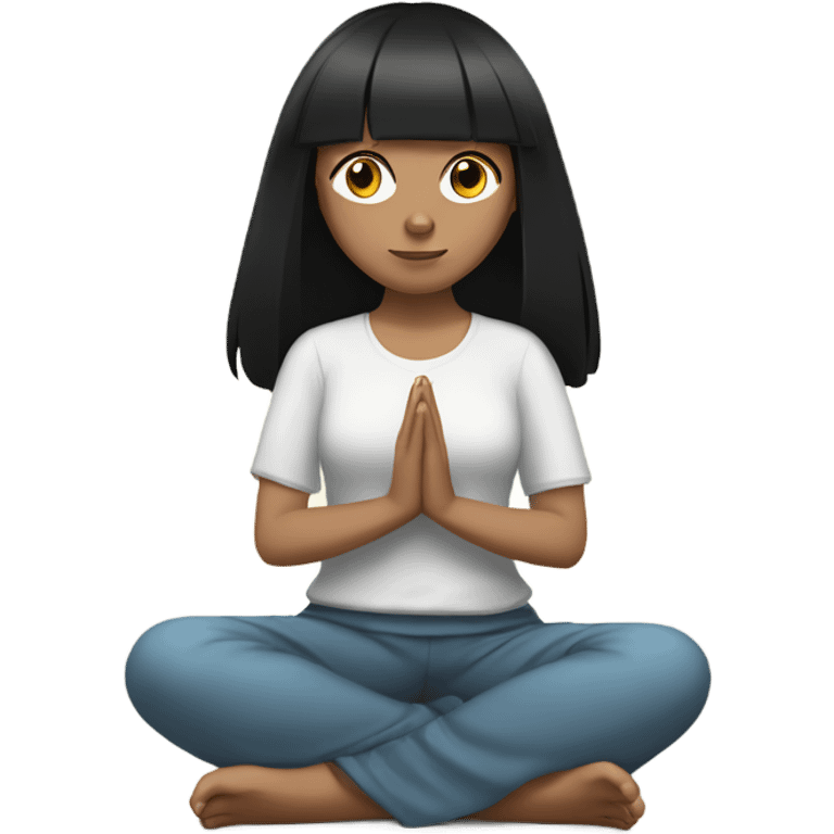 White teen girl with black hair and bangs meditating emoji