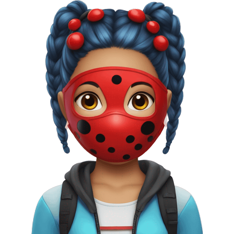 girl with blue pigtails and Ladybug wears a bright red mask with five black spots . emoji