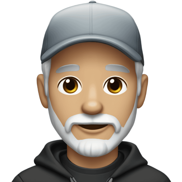 Handsome man with blue eyes wearing ball cap with grey hair and goatee beard holding all black long haired chihuahua emoji