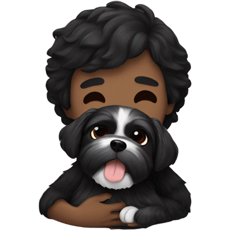 Man with dark hair hugging black shih tzu  emoji